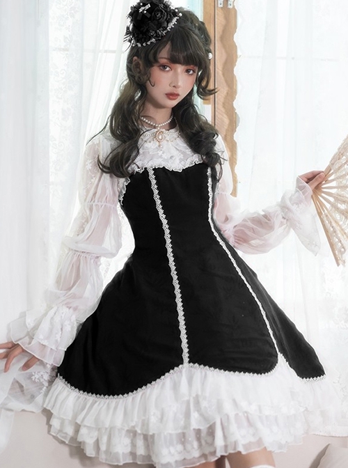 Retro Elegant Black-White Doll Collar Stitching Semi-Transparent Lotus Root Sleeve Lace Hem Classic Lolita Long-Sleeved Dress  |  Classic Lolita Dresses