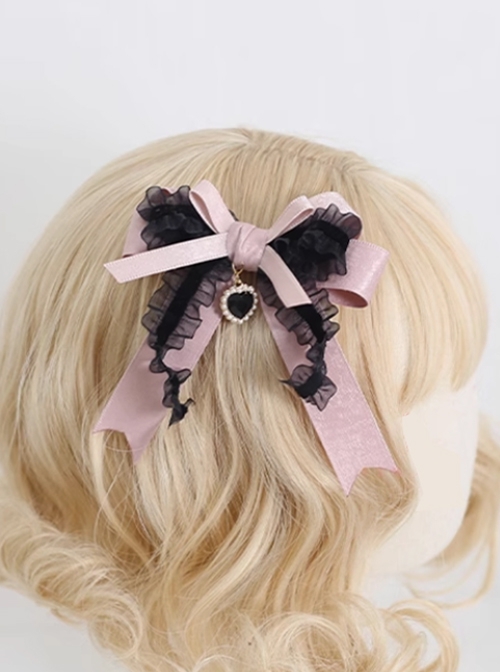 Retro Exquisite Y2K Landmine Girl Cute Elegant Heart Pendant Cool Black Pink Ribbon Bowknot Lace Sweet Lolita Hairpin  |  Lolita Hairpins