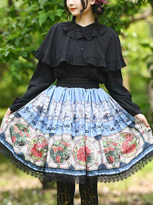 Retro Flowers Printing Classic Lolita Black Lace Blue Skirt  |  Plus Size Lolita Skirts