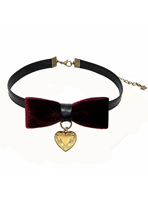 Retro Gothic Wine Red Gold-velour Bowknot Heart-shaped Pendant PU Leather Necklace  |  Gothic & Punk Accessories