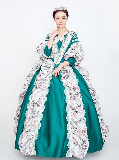 Retro Green Neckline Printed Bow Mid-length Trumpet Sleeve European Court Lolita Prom Dress  |  Lolita Prom Dresses