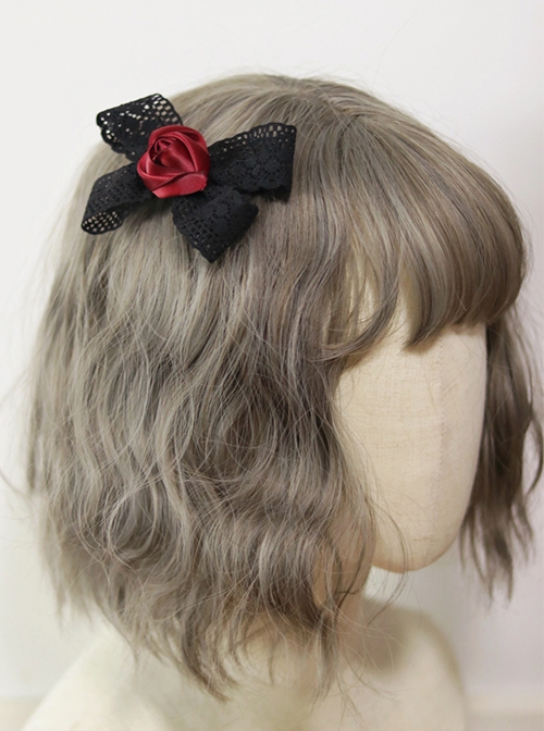 Retro Lolita Simple Black Red Rose Bow Gothic Lace Hairpin  |  Lolita Hairpins