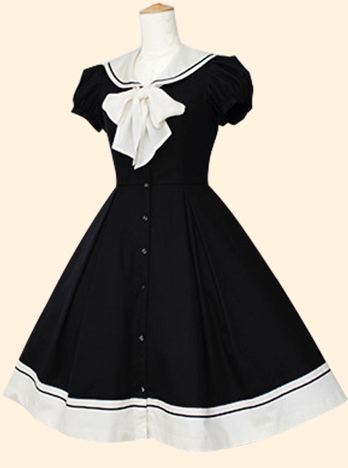 Retro Navy Collar Bowknot School Lolita Short Sleeve Dress  |  Plus Size Lolita Dresses