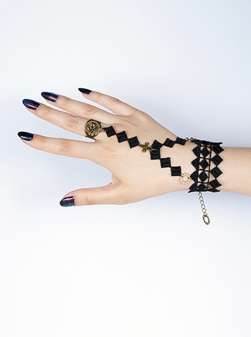 Retro Palace Style Alt Outfit Black Grid Lace Metal Ring Peace Knot Design Punk Lolita Ring Bracelet  |  Gothic & Punk Accessories