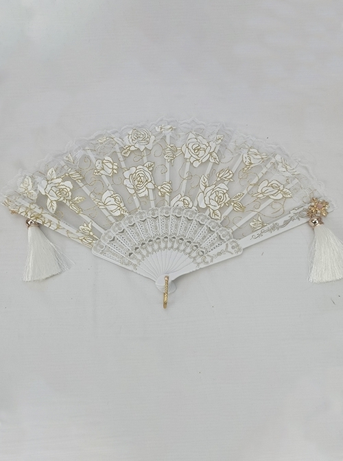 Retro Palace Style Rose Hot Flower Lace Symmetrical Tassel Decoration Folding Fan Gothic Lolita Fan  |  Lolita Fans