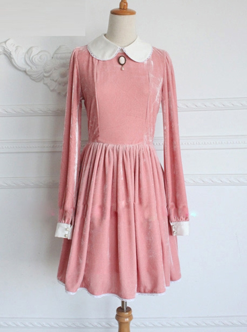 Retro Pink Pleuche Round Collar Long Sleeves Classic Lolita Dress  |  Classic Lolita Dresses