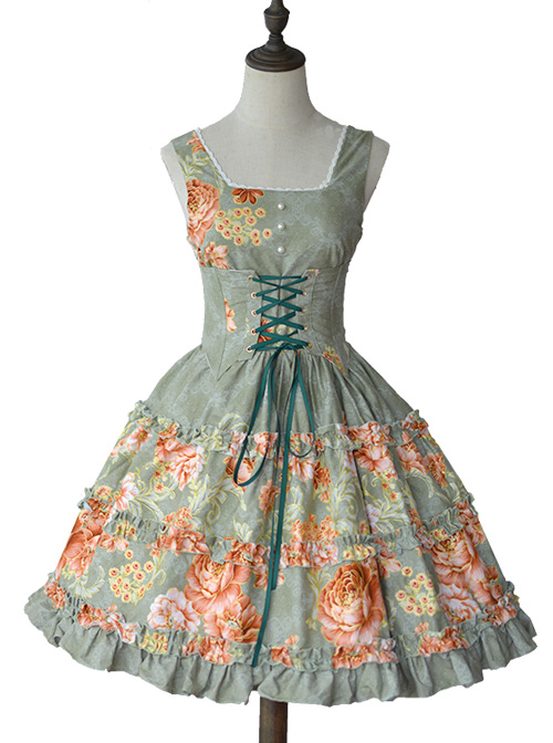 Retro Pure Cotton Green Ruffles Classic Lolita Sleeveless Dress  |  Classic Lolita Dresses