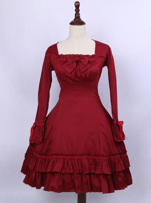 Retro Red Bowknot Ruffles Classic Lolita Long Sleeve Dress  |  Classic Lolita Dresses