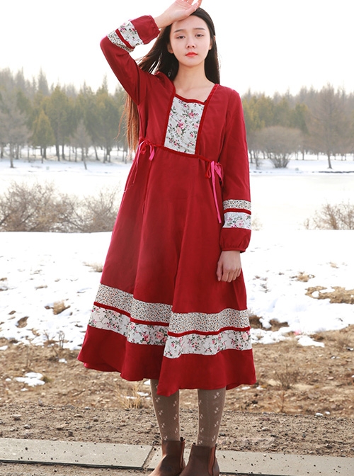 Retro Red Classic Lolita Long Sleeve Dress  |  Classic Lolita Dresses