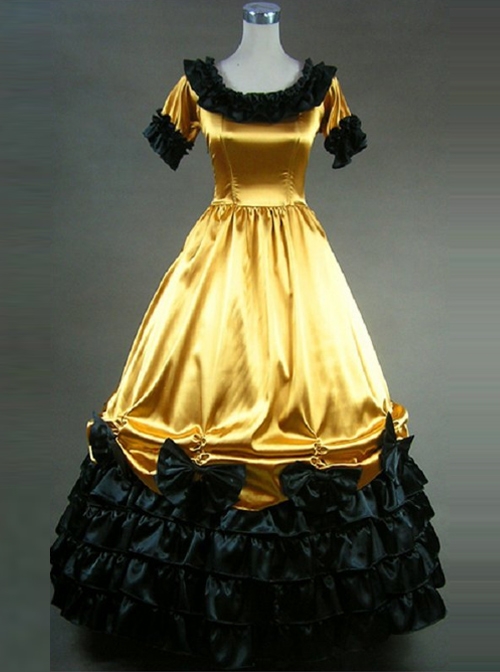 Retro Yellow And Black Lace Ruffles Round Collar Lolita Prom Dress (Extra Large)  |  Lolita Prom Dresses