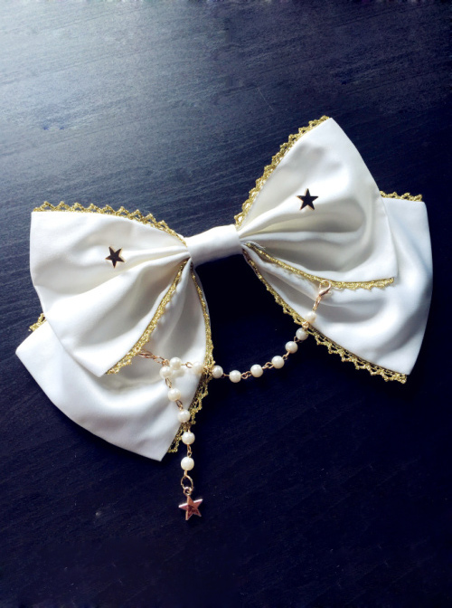 Rice-white Bead Chain Classic Lolita Bowknot Tie  |  Lolita Necklaces