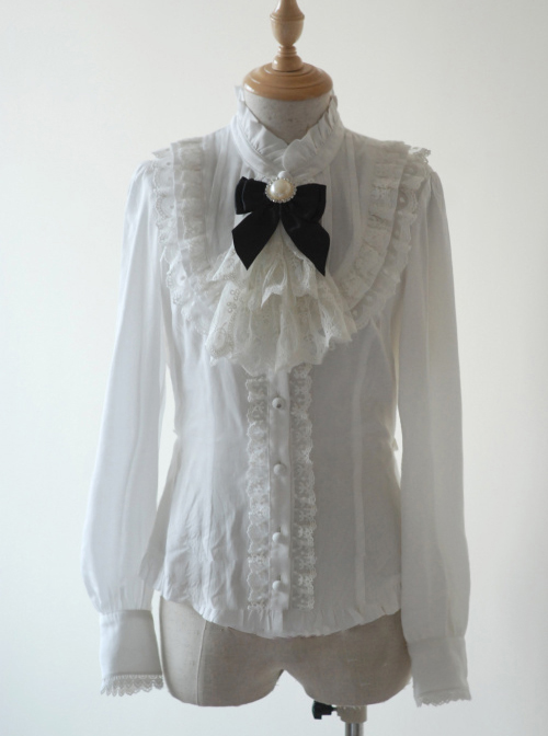 Rice-white Ruffle Stand Collar Classic Lolita Long Sleeve Shirt  |  Blouses