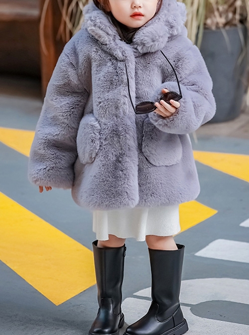 Rich Family’S Daughter Series Solid Color Winter Warm Thick Plush Kids Long-Sleeved Hooded Coat  |  Kids Coat