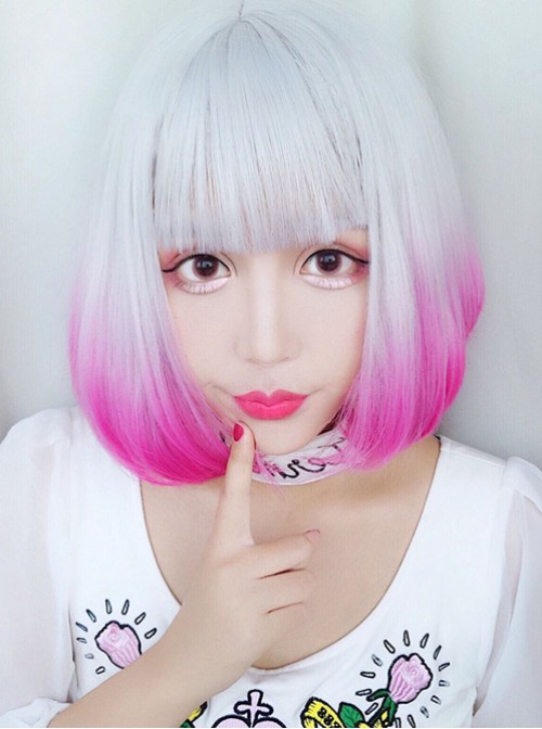 Rinka Haircut Short Curly Hair Silver Pink Gradient Lolita Wig  |  Wigs