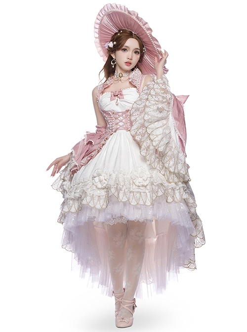 Riparbella Series White Pink Noble Gorgeous Flower Wedding Classic Ribbon Bowknot Ruffles Lolita Sleeveless Dress Hat Set  |  Classic Lolita Dresses