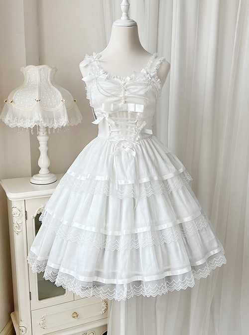 Romantic Party Series Pearl Chain Bowknot Lace Decorative Sweet Lolita Sleeveless Dress  |  Sweet Lolita Dresses