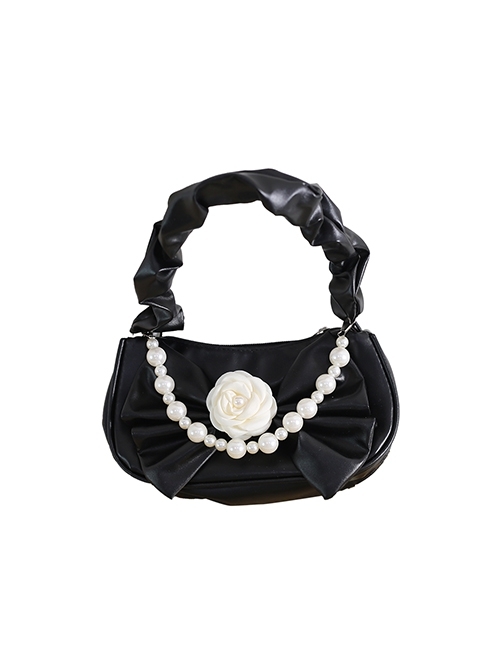 Romantic Three-Dimensional Camellia Decoration Solid Color Pleated Bow Classic Lolita Pearl Chain Leather Tote Bag  |  Lolita Bags