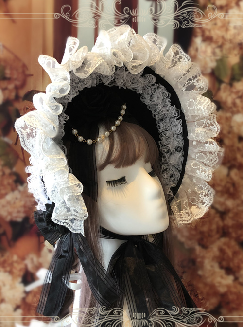 Rose Bowknot White Lace Elegant Classic Lolita Bonnet  |  Lolita Headbands