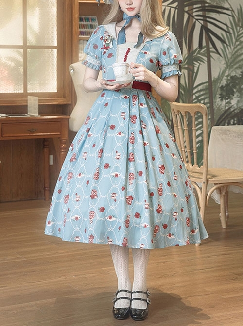 Rose Garden Series Blue Tea Party Rose Print Square Collar Spliced Contrast Color Lace Classic Lolita Puff Sleeves Dress  |  Classic Lolita Dresses