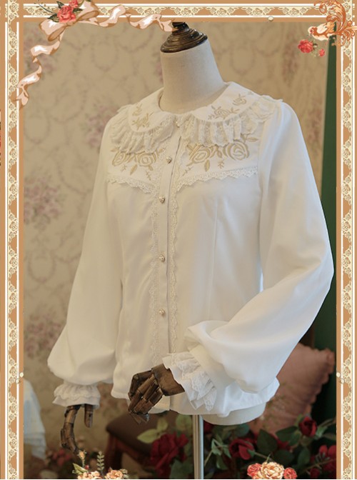 Rose Garden Series White Thickened Chiffon Embroidery Classic Lolita Shirt  |  Blouses