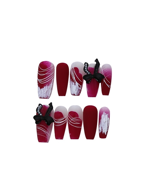 Rose Red Gradient White Brushed Plaster Black Bowknot Decoration Detachable Finished Manicure Nail Pieces  |  Nails