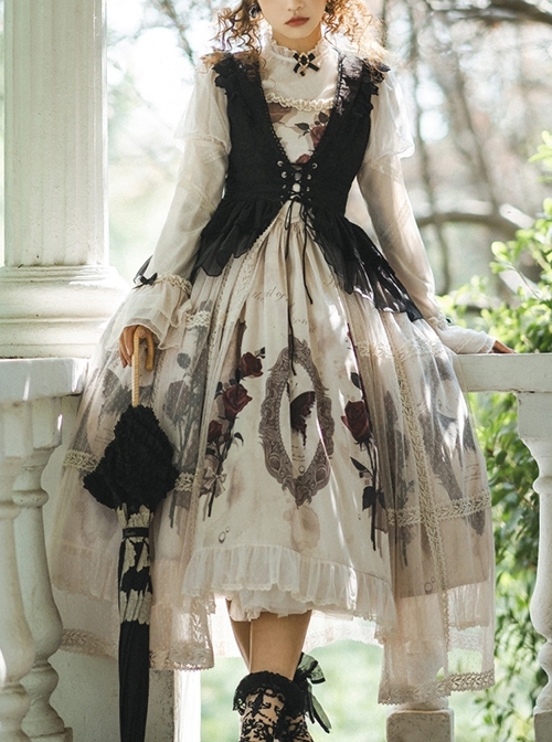 Rose Specimen Series Rose Princess Elegant Palace Style Black White Classic Lolita Sleeveless Dress Shirt Coat Dress Full Set  |  Classic Lolita Dresses