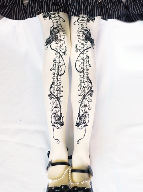 Rose Thorns Bones Print Dark Velvet Gothic Lolita Pantyhose  |  Lolita Socks