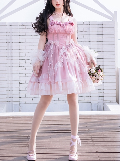 Rose Waltzes Series Pink Elegant Stereoscopic Rose Decoration Pink Gradient Hem Design Classic Lolita Sleeveless Dress  |  Classic Lolita Dresses