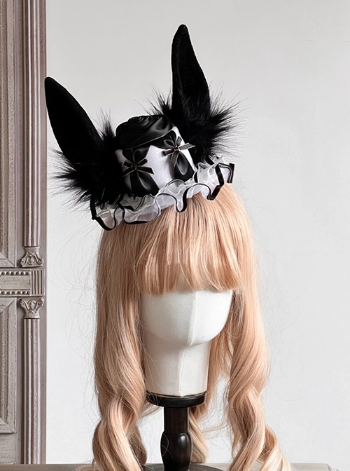 Rotating Tiger Tiger Black-White Series Plush Black Rabbit Ear Rose Ruffle Gothic Lolita Small Top Hat  |  Lolita Headbands