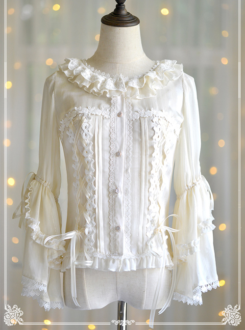 Round Collar Trumpet Sleeve Chiffon Lolita Shirt  |  Blouses