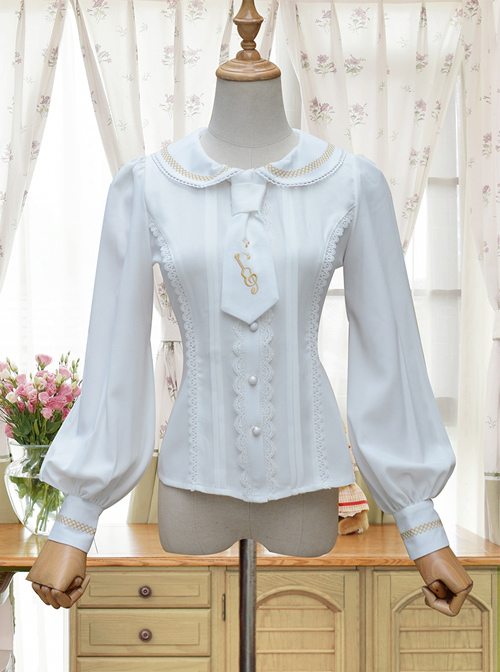 Round Collar White Embroidered Slim Lolita Long Sleeve Shirt  |  Blouses