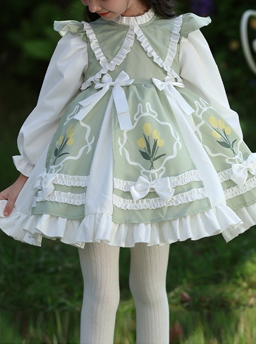 Round Neck Lapel Cute Fresh Green Floral Print Tulip White Ruffles Bowknot Sweet Lolita Kid Long Sleeves Girl Dress  |  Kids Dresses