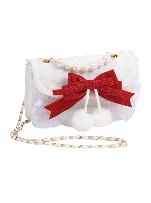 Ruffle Lace Velvet Red Bowknot Pearl Plush Ball Decoration Sweet Lolita Chain Messenger Bag  |  Lolita Bags