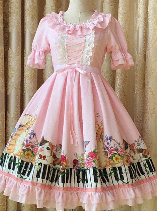 Ruffled Neckline and Skirt Hemline Sweet Kitties and Piano Printed OP  |  Sweet Lolita Dresses