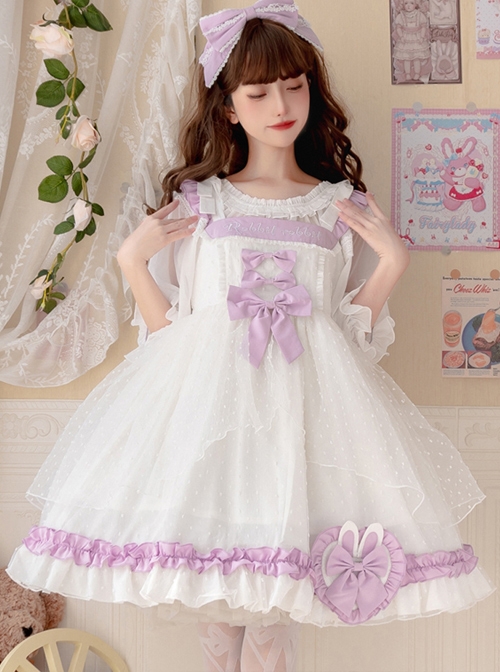 Sagiri Carol Series White Mesh Letter Embroidery Purple Ruched Heart-Shaped Bow Sleeveless Dress  |  Classic Lolita Dresses