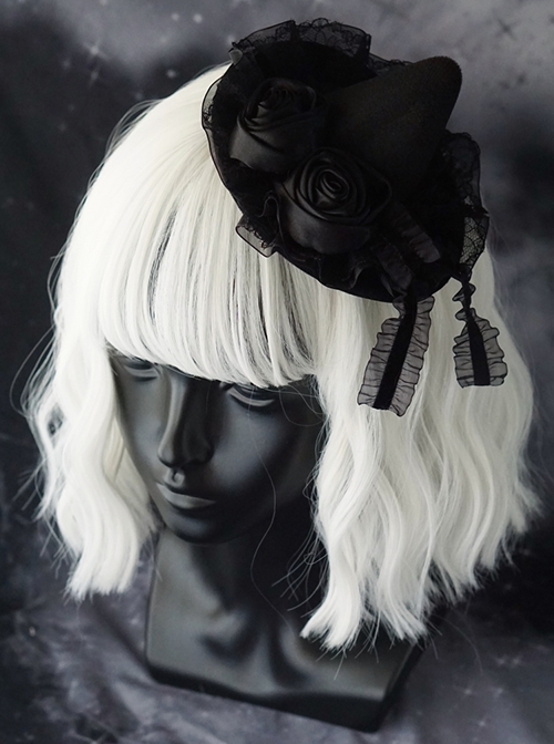 Satin Black Rose Lace Dark Ornate Halloween Gothic Lolita Witch Hat Hair Clip  |  Lolita Hairpins