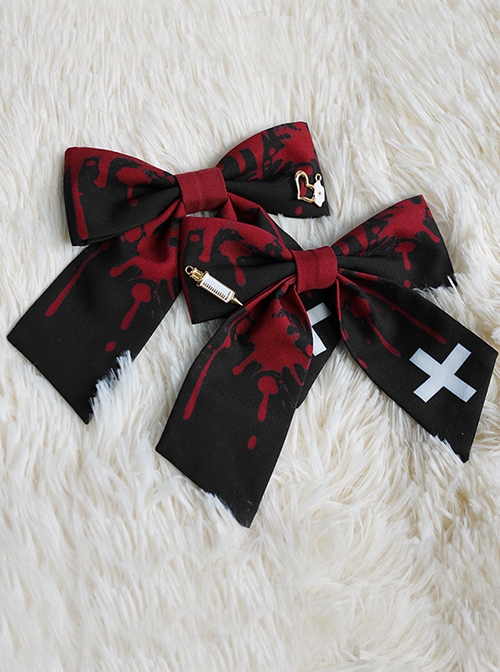 Scarlet Cross Series Halloween Style Blood Stained Black Bow Knot Cross Decoration Classic Lolita Hairpins  |  Lolita Hairpins