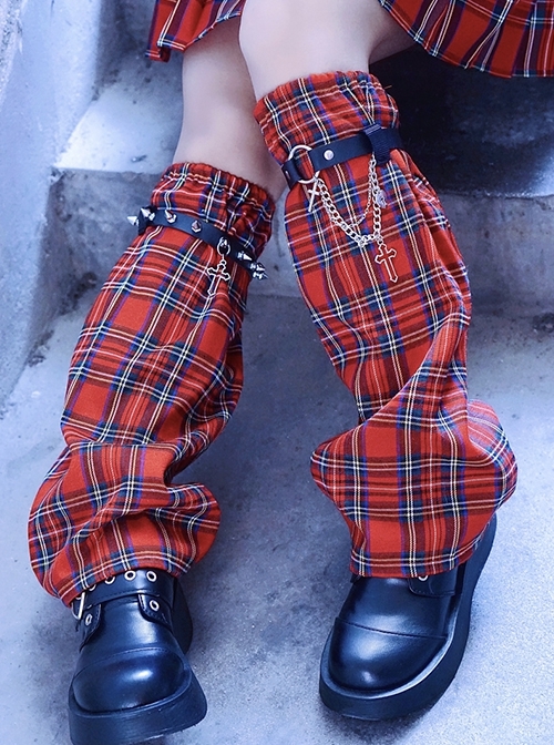 Scottish Red Grid Classic Guard Sweetheart Rock Metal Chain Rivet Punk Lolita Leg Covers  |  Lolita Leg Covers