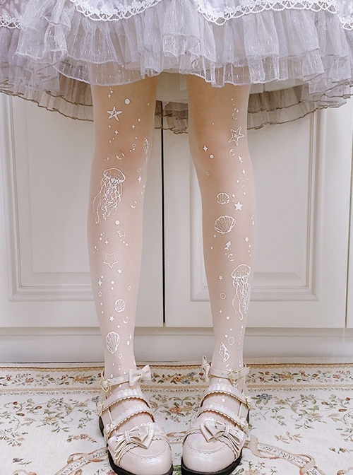 Sea Moon Jellyfish Series Summer Ultra-Thin White Jellyfish Print Classic Lolita Pantyhose  |  Lolita Socks