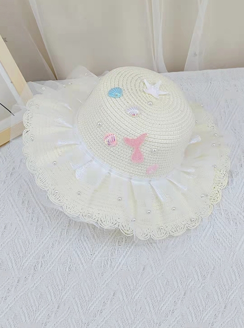 Seaside Pearl Shell Mermaid Decoration Dome Lace Princess Kids Classic Lolita Straw Hat  |  Kids Headbands