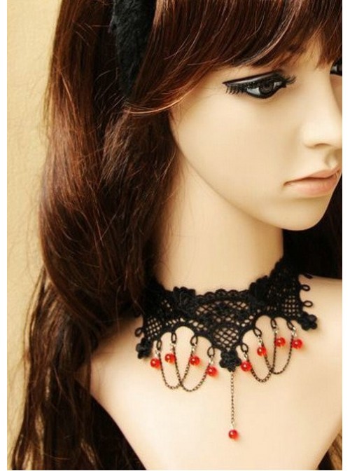 Sexy Black Lace With Red Gemstone Lolita Necklace  |  Lolita Necklaces