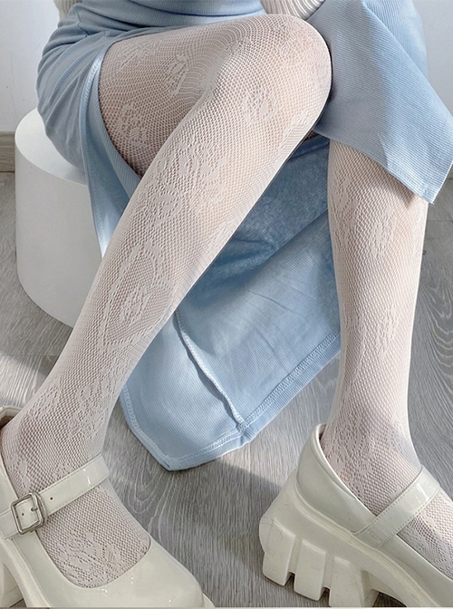 Sexy Solid Color Heart Shape Jacquard Hollow Out Flower Decoration Lolita Long Fishnet Socks  |  Lolita Socks