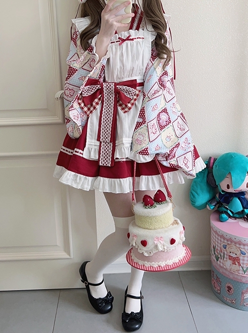 Showa Sweet Pet Series Japanese Style Cute Checkered Pattern Print Bowknot Sweet Lolita Maid Apron Shirt Skirt Set  |  Blouses