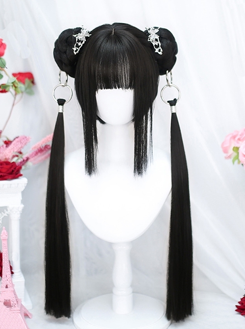 Silent Series Cute Chinese Style Girl Buttoned Double Ponytail Black Straight Hair Sweet Lolita Full Head Wigs  |  Wigs