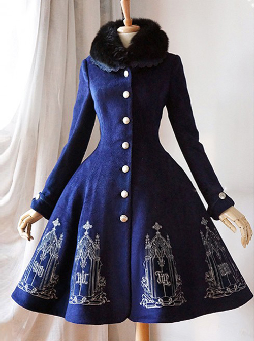 Silver Thread Embroidered Navy Blue Classic Lolita Wool Coat  |  Coat & Jacket