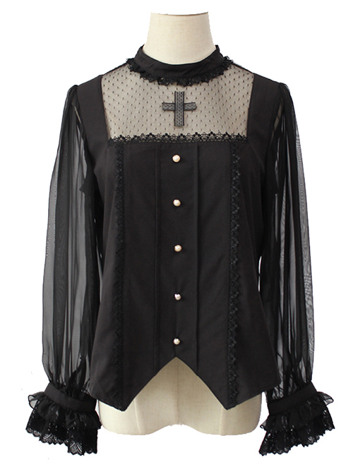 Simple And Elegant Dark Cross Lace Gothic Lolita Ruffle Standing Collar Shirt  |  Blouses