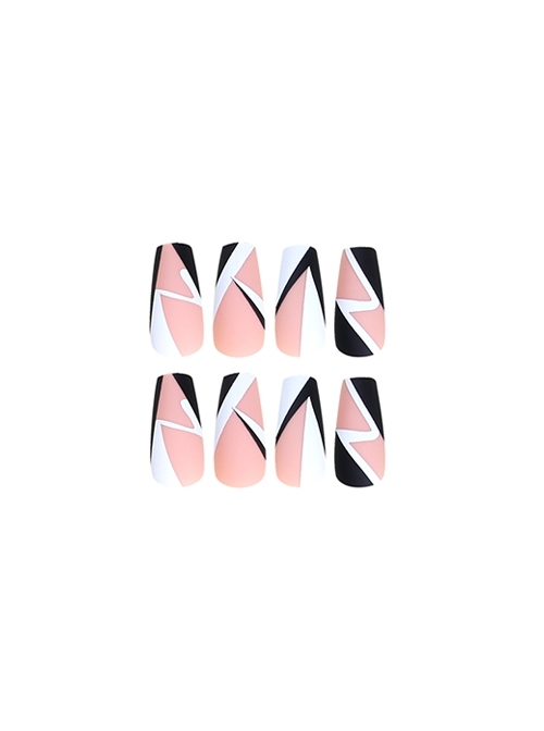 Simple Black-White Geometric Color Matching Detachable Finished Disposable Manicure Nail Pieces  |  Nails