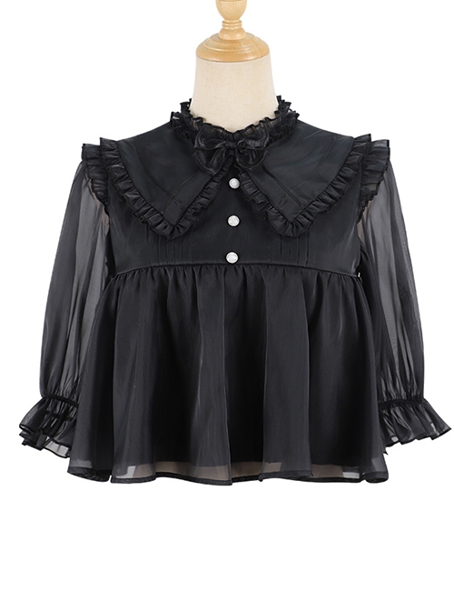 Simple Daily Chiffon Cute Pleated Lace Doll Neckline Button Decoration Short Sleeve Classic Lolita Blouse  |  Blouses