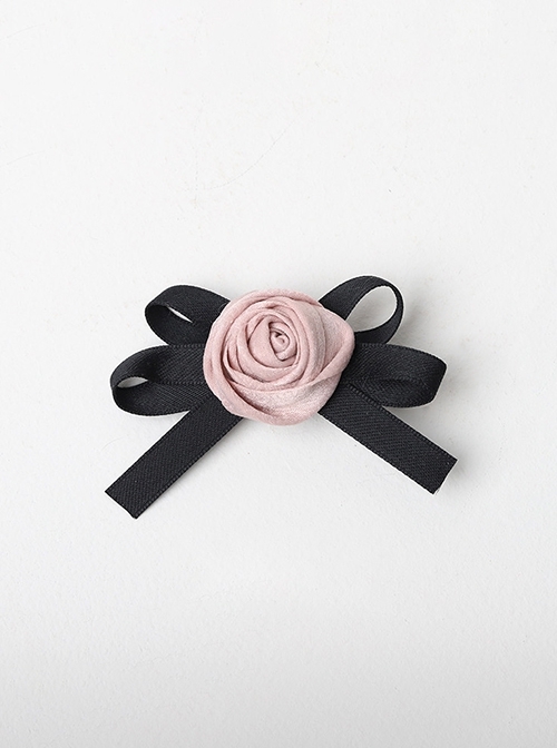 Simple Daily Fashionable Black Pink Ribbon Bowknot Artificial Rose Soft Girl Cool Sweet Lolita Hairpin  |  Lolita Hairpins