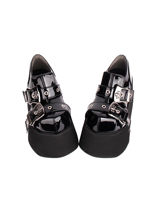 Simple Round Head Black Lacquer Metal Square Buckle Skull Decoration Super High Heel Punk Style Platform Shoes  |  Gothic & Punk Footwear